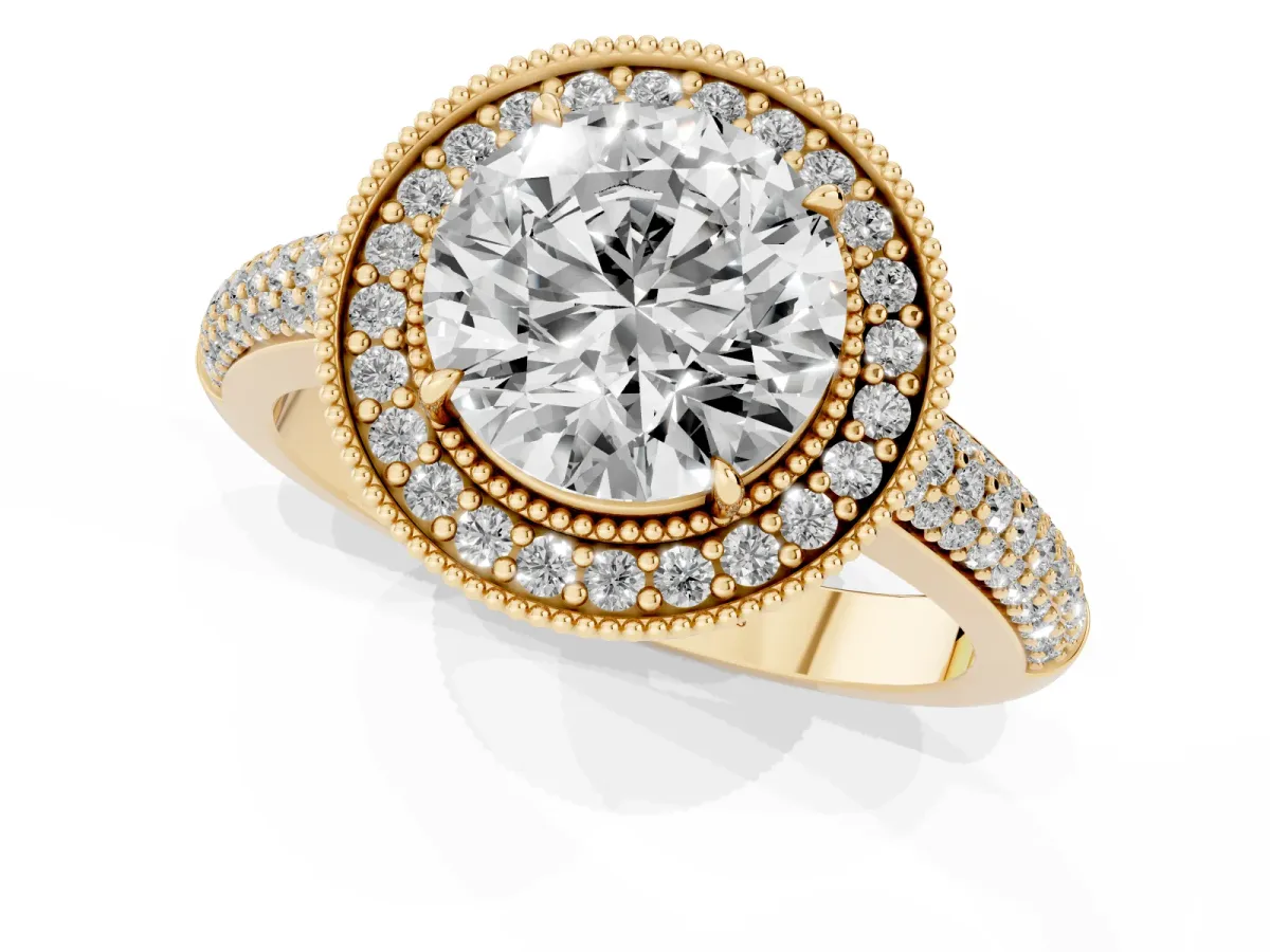 Round Cut Cut Halo Diamond Pave Band with Four-Prong Setting Yellow gold