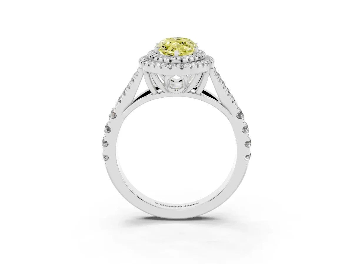 Fancy Yellow Marquise Cut Diamond Pavé Split Shank Double Halo Engagement Ring Silver