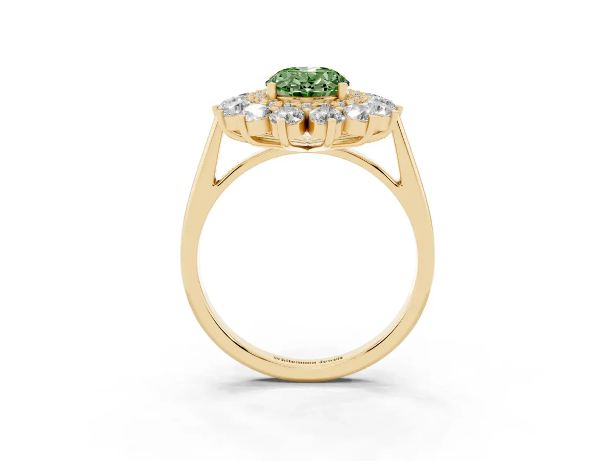 Fancy Green Oval Cut Diamond Floral Double Halo Engagement Ring with Prong Setting Yellow gold