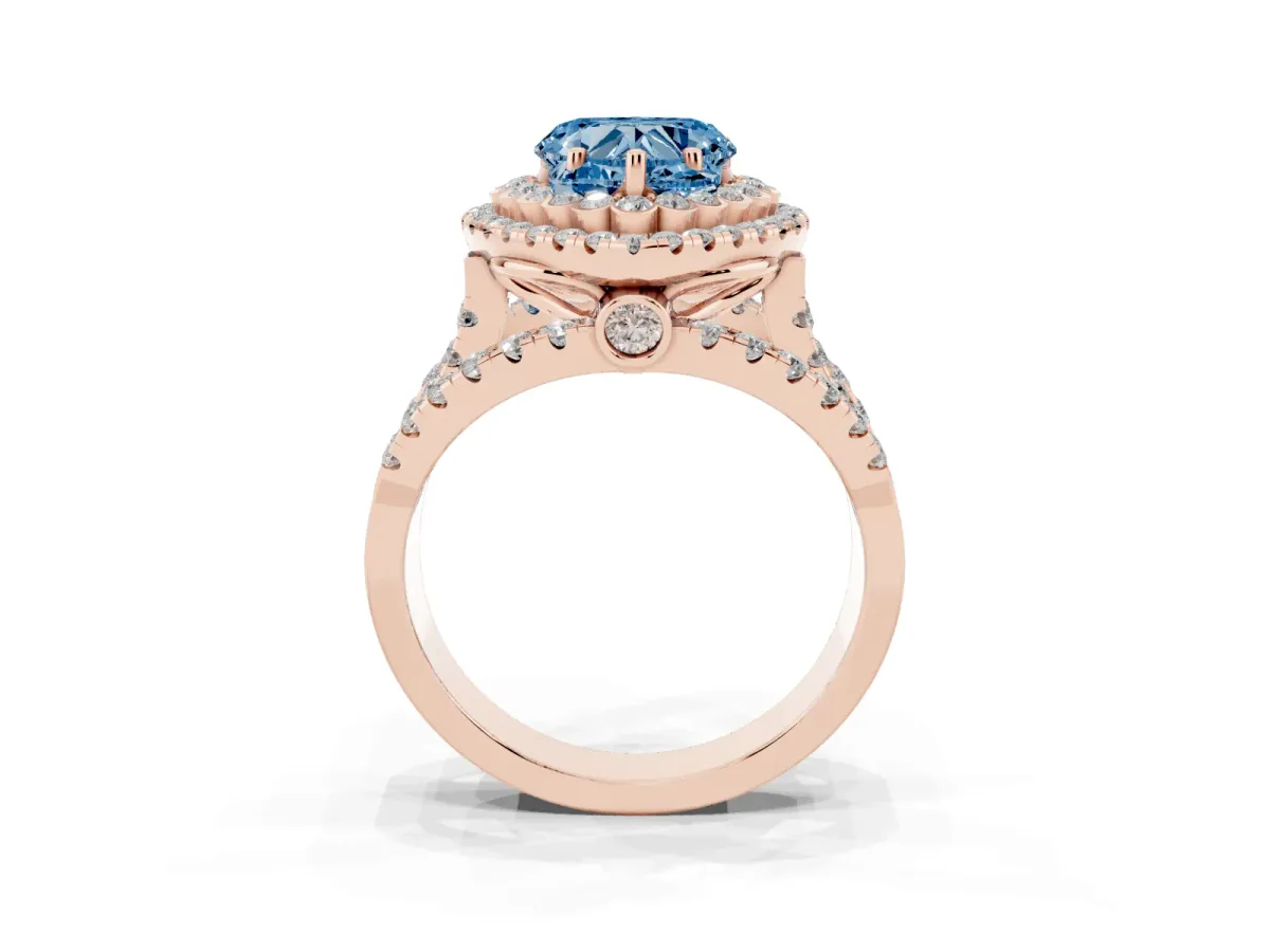 Fancy Blue Heart Cut Diamond Double Halo Ring with Round Pavé Split Shank and Prong Setting Rose gold