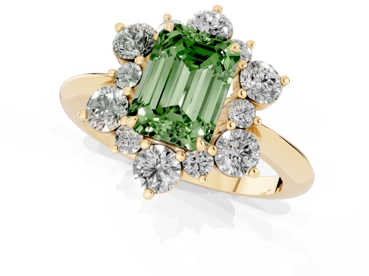 Fancy Green Emerald Cut Diamond Cluster Halo Ring with Solitaire Band and Four-Prong Setting Yellow gold