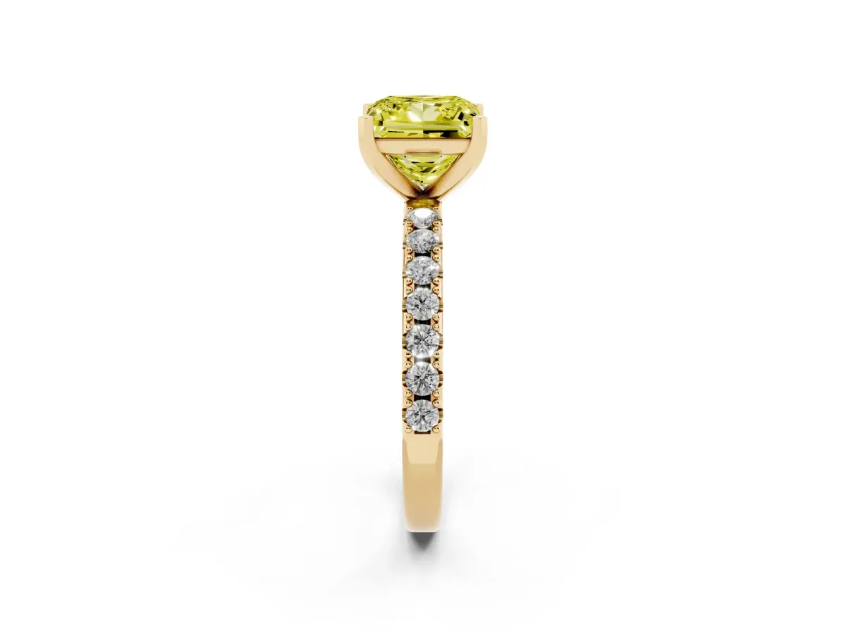 Fancy Yellow Princess Cut Diamond Solitaire Pavé Band with Four-Prong Setting Yellow gold