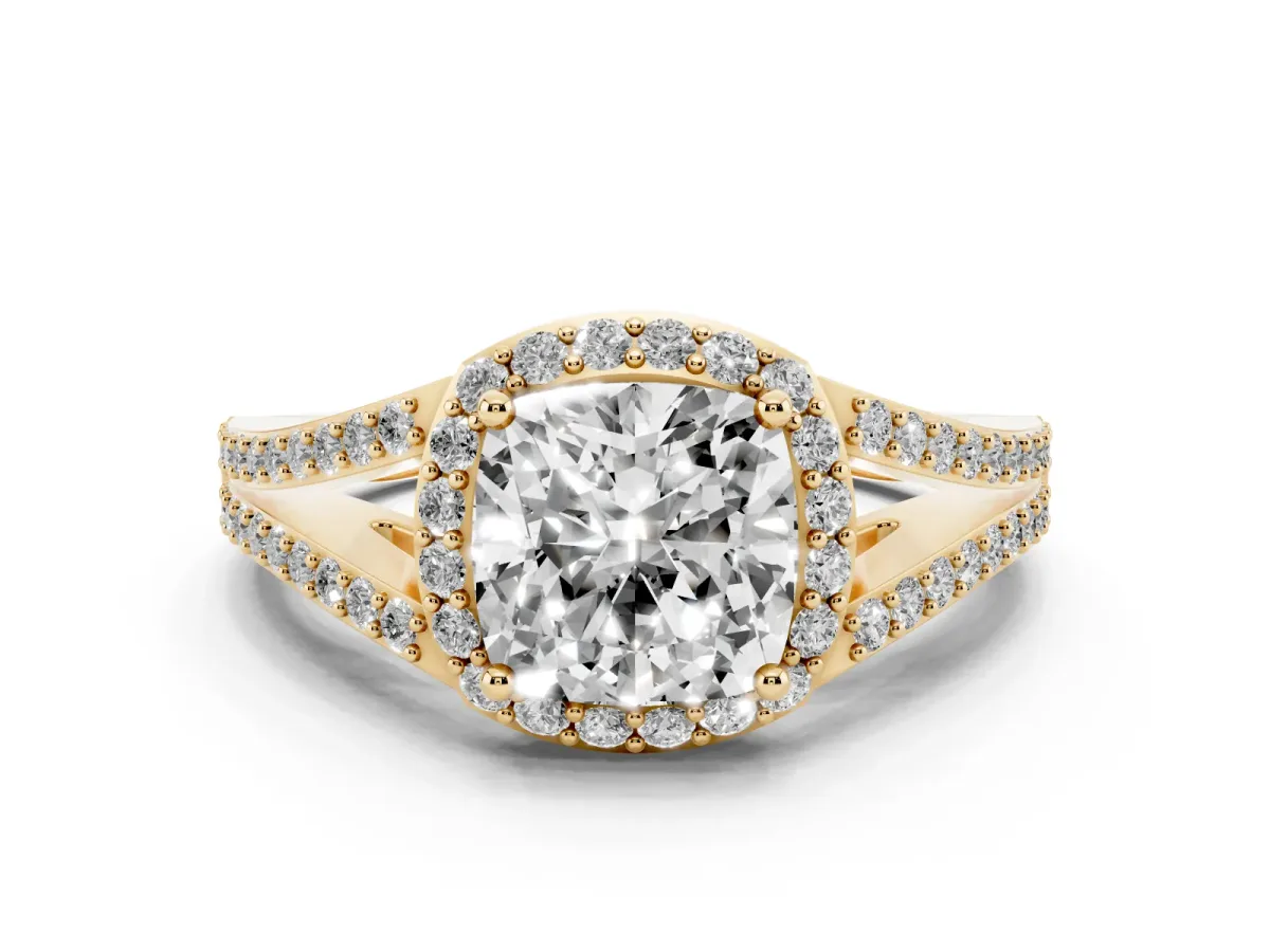 Cushion Cut Halo Split Shank Pave Diamond Ring with Four-Prong Setting Yellow gold