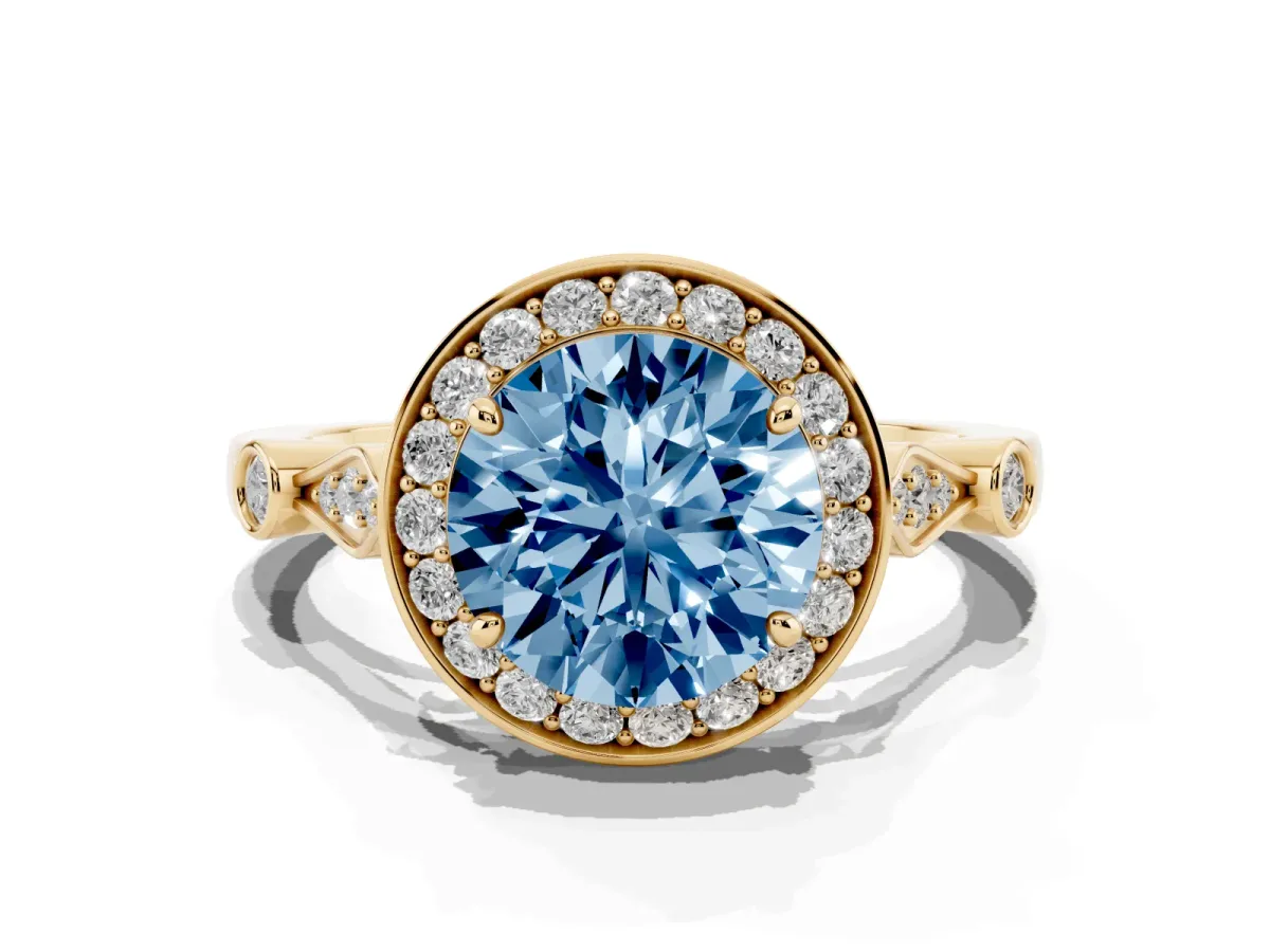 Fancy Blue Round Cut Halo Diamond Engagement Ring with Twisted Band and Four-Prong Setting Yellow gold