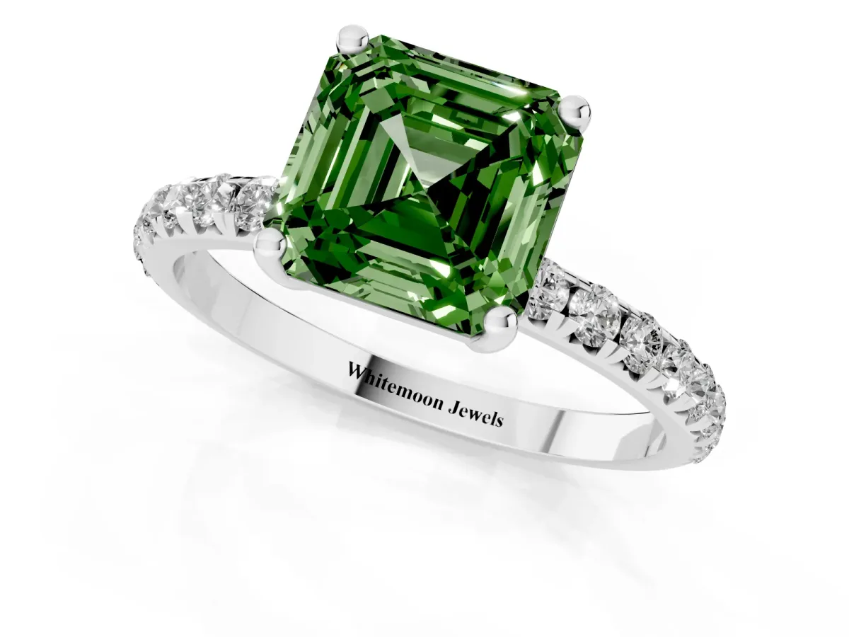 Fancy Green Asscher Cut Cut Diamond Solitaire Ring with Micro Pave Band and Four Prong Setting Platinum