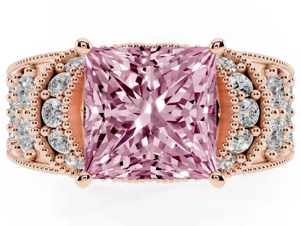 Fancy Pink Princess Cut Halo Pave Diamond Engagement Ring with Milgrain Detailing Rose gold