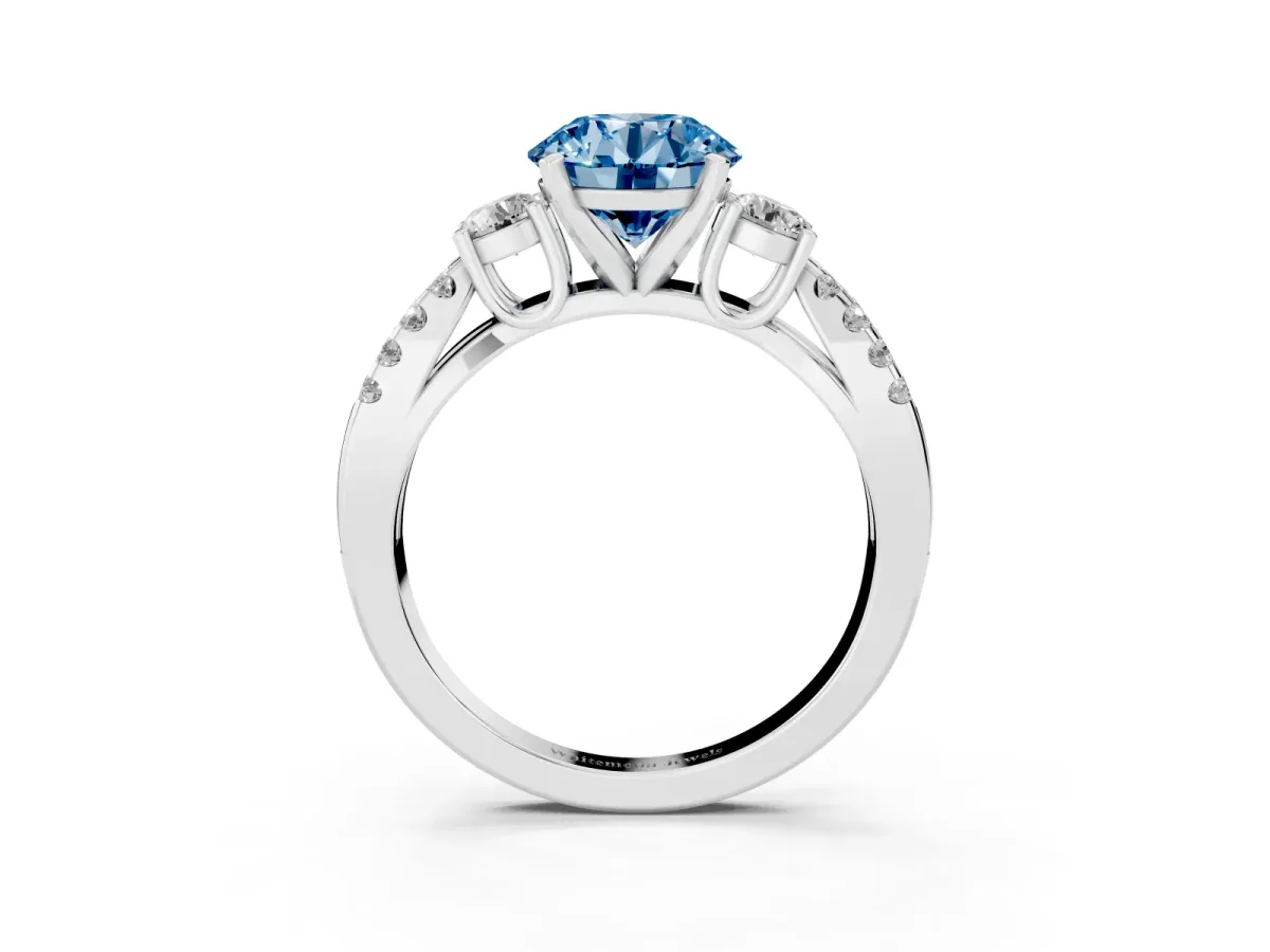 Fancy Blue Round Cut Diamond Three-Stone Ring with Pavé Split Shank and Four-Prong Setting White gold