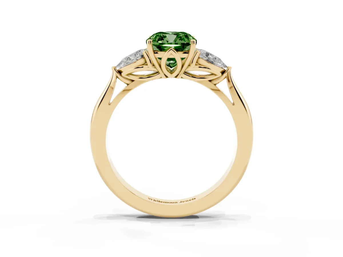Fancy Green Three-Stone Cushion Cut Brilliant Diamond Solitaire Ring with Tapered Band and Four-Prong Setting Yellow gold