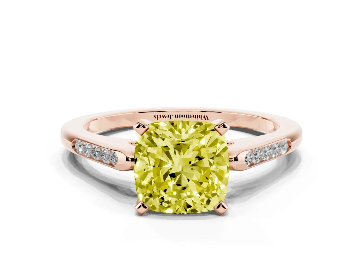 Fancy Yellow Cushion Cut Diamond Solitaire Ring with Channel Set Round Band and Prong Setting Rose gold
