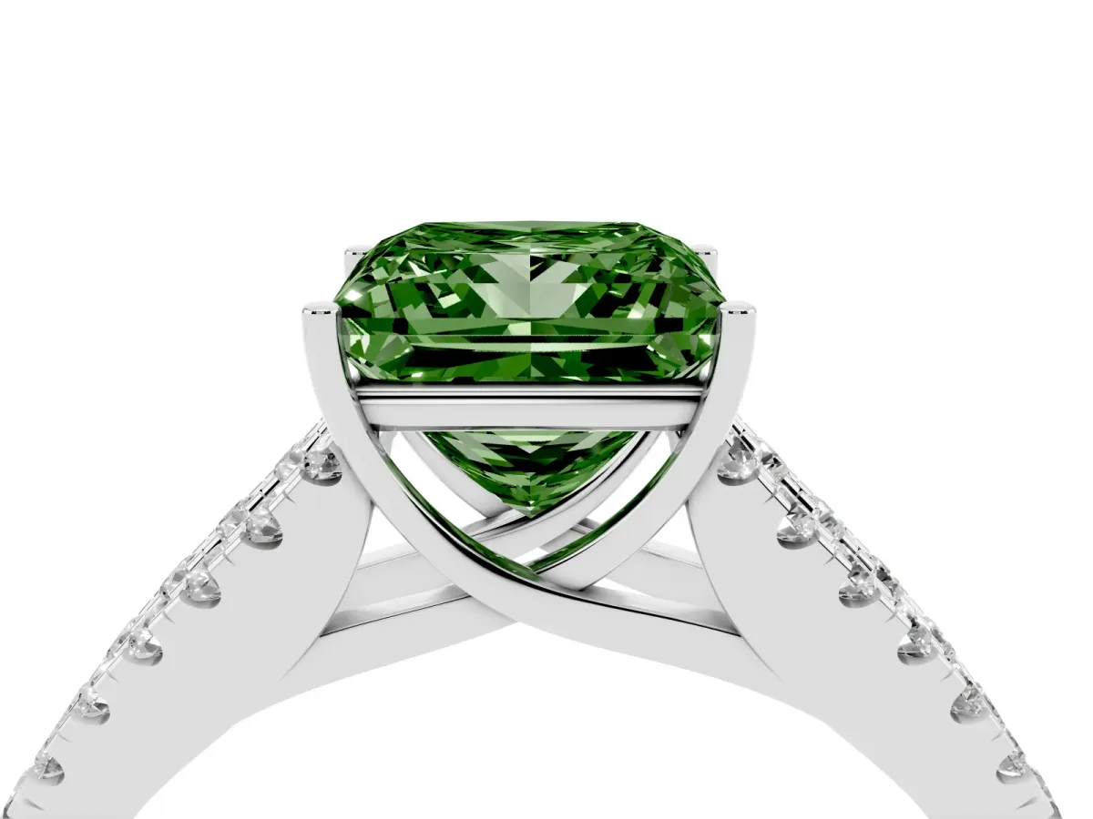 Fancy Green Princess Cut Diamond Split Shank Pavé Engagement Ring with Four-Prong Setting Platinum
