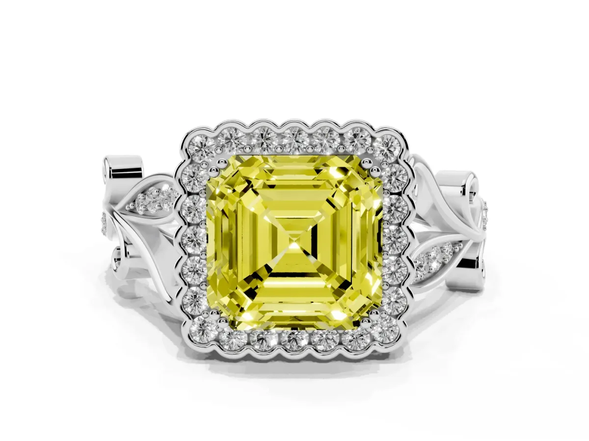 Fancy Yellow Asscher Cut Diamond Halo Ring with Vintage Split Shank and Four-Prong Setting Silver