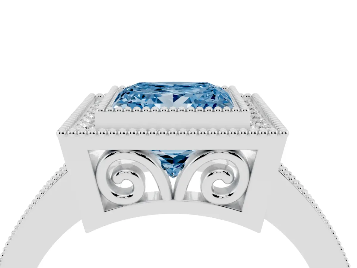 Fancy Blue Princess Cut Cut Halo Diamond Ring with Pavé Band and Milgrain Prong Setting Platinum