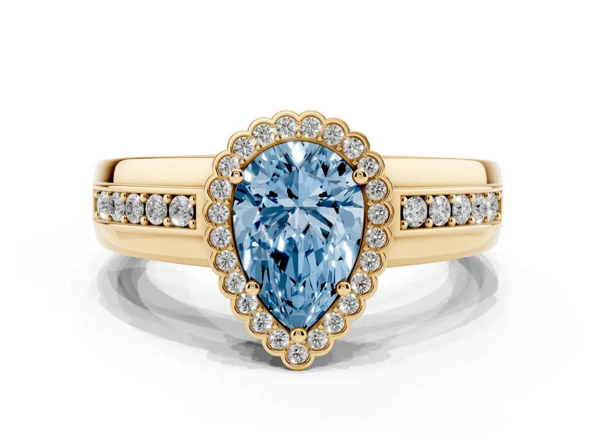 Fancy Blue Pear Cut Cut Halo Pave Band Four-Prong Ring Yellow gold