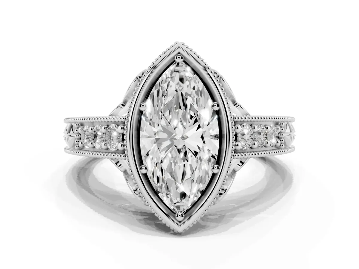 Bezel Set Marquise Cut Diamond Milgrain Pave Engagement Ring Silver