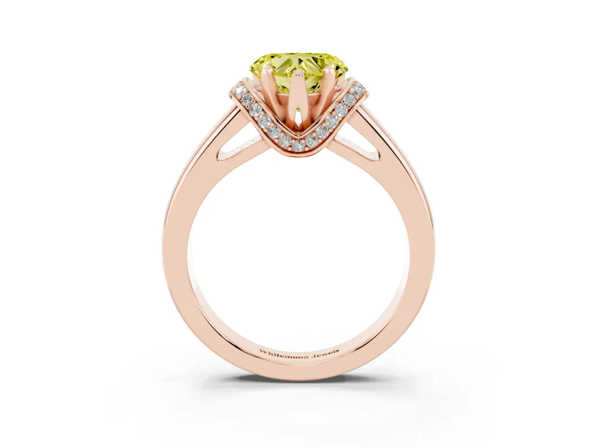 Fancy Yellow Heart Cut Solitaire Diamond Ring with Pave Band and Six-Prong Setting Rose gold