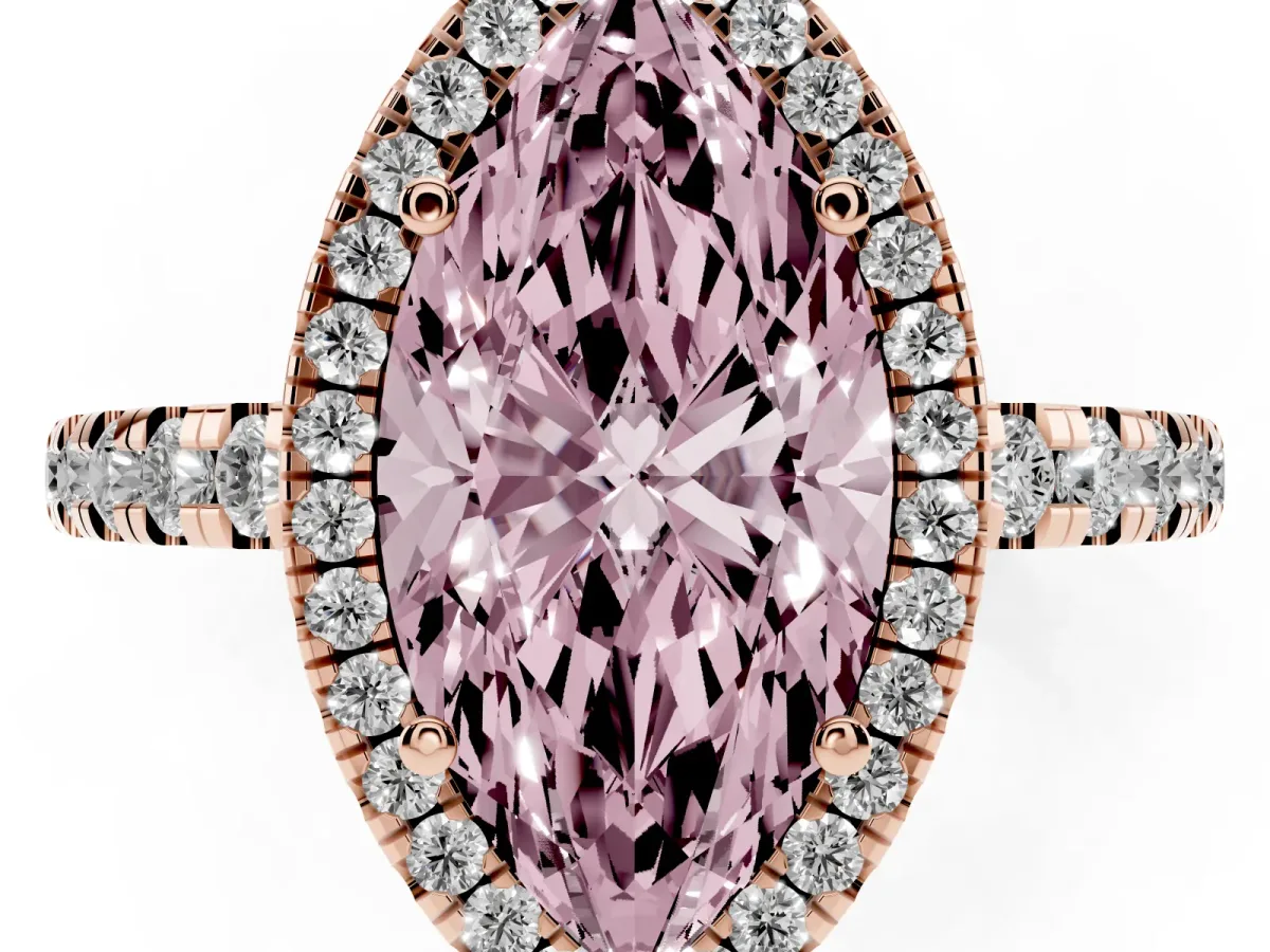 Fancy Pink Marquise Cut Diamond Halo Ring with Pavé Band and Four-Prong Setting Rose gold