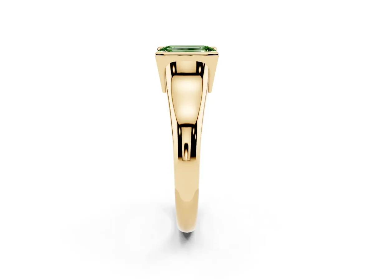Fancy Green Emerald Cut Solitaire Tension Set Diamond Ring with Split Shank Band Yellow gold