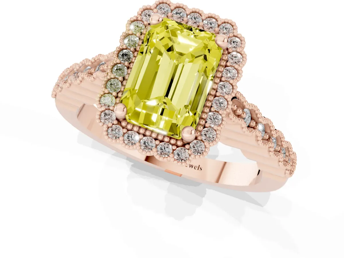Fancy Yellow Radiant Cut Cut Halo Pavé Solitaire Ring with Milgrain Band Rose gold