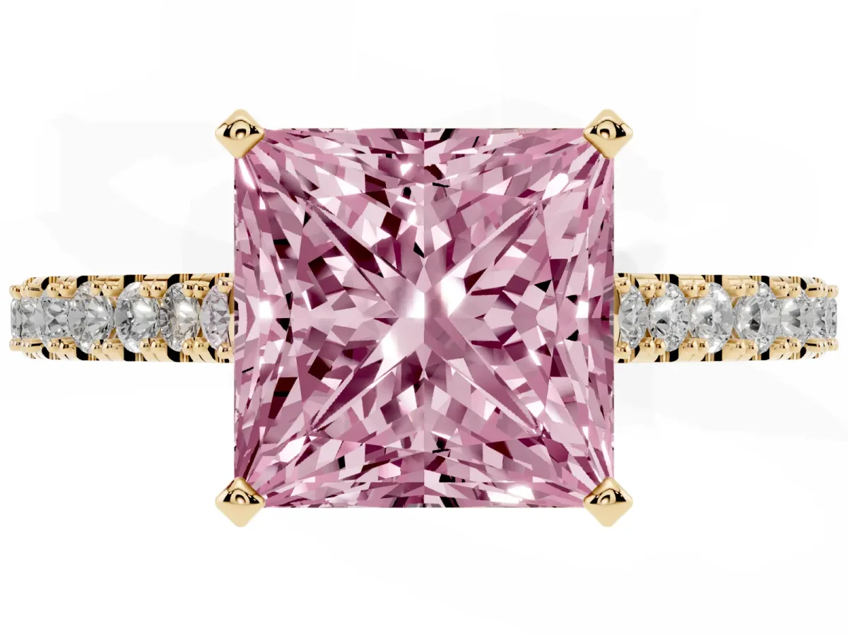 Fancy Pink Princess Cut Cut Solitaire Diamond Engagement Ring with Pave Band and Four-Prong Setting Yellow gold