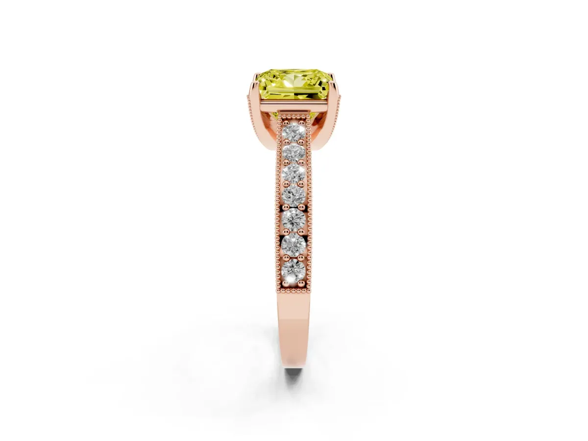 Fancy Yellow Princess Cut Cut Diamond Solitaire Ring with Milgrain Pave Band and Four Prong Setting Rose gold
