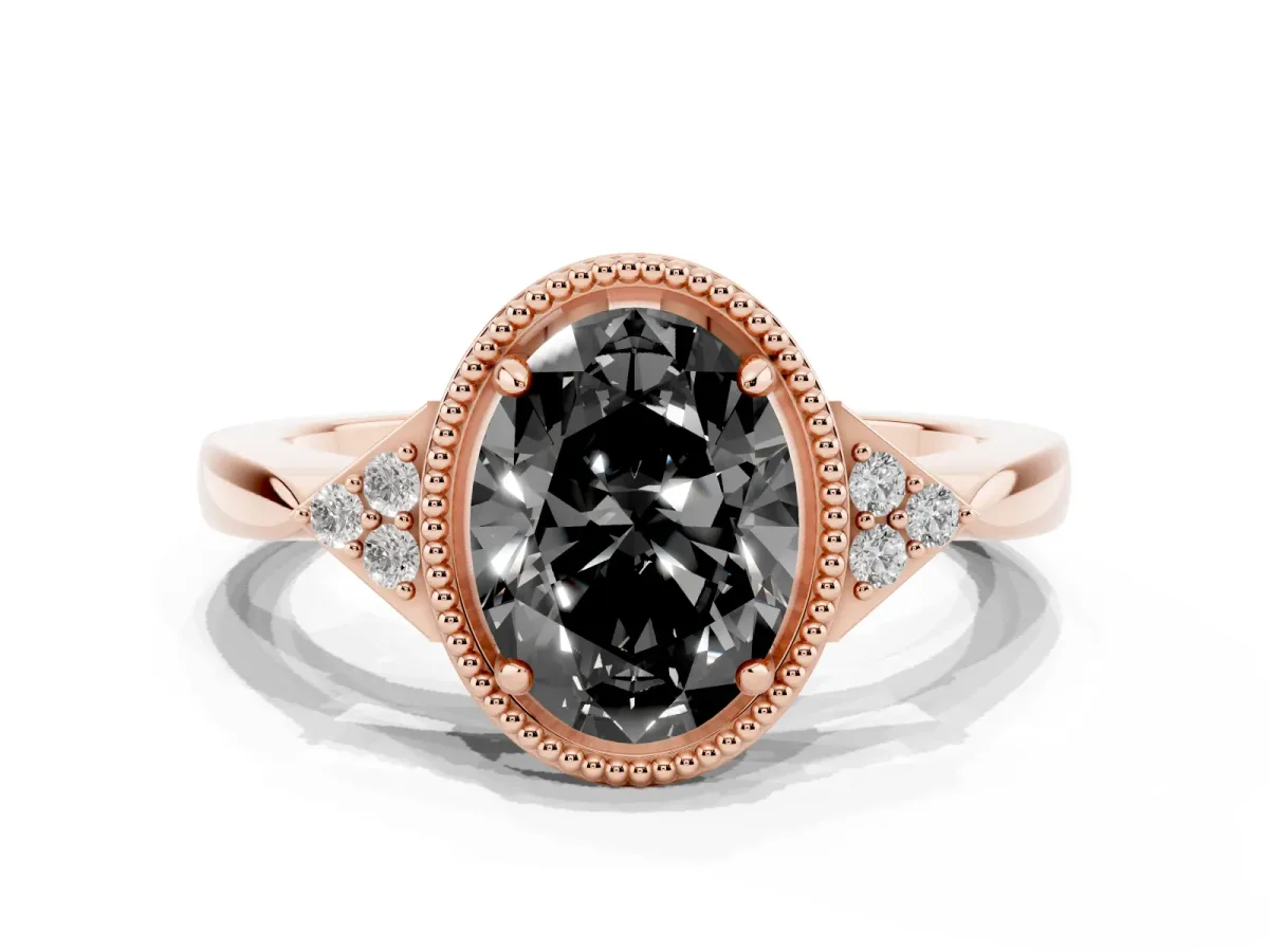 Fancy Black Hexagonal Halo Oval Cut Diamond Solitaire with Pavé Band and Four-Prong Setting Rose gold