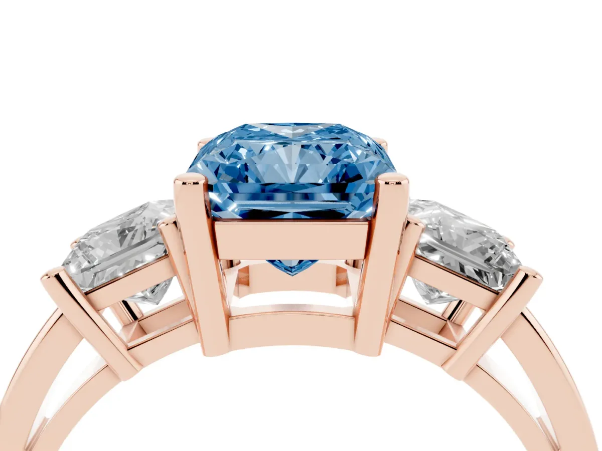 Fancy Blue Three-Stone Radiant Cut Cut Solitaire Ring with Prong Setting Rose gold