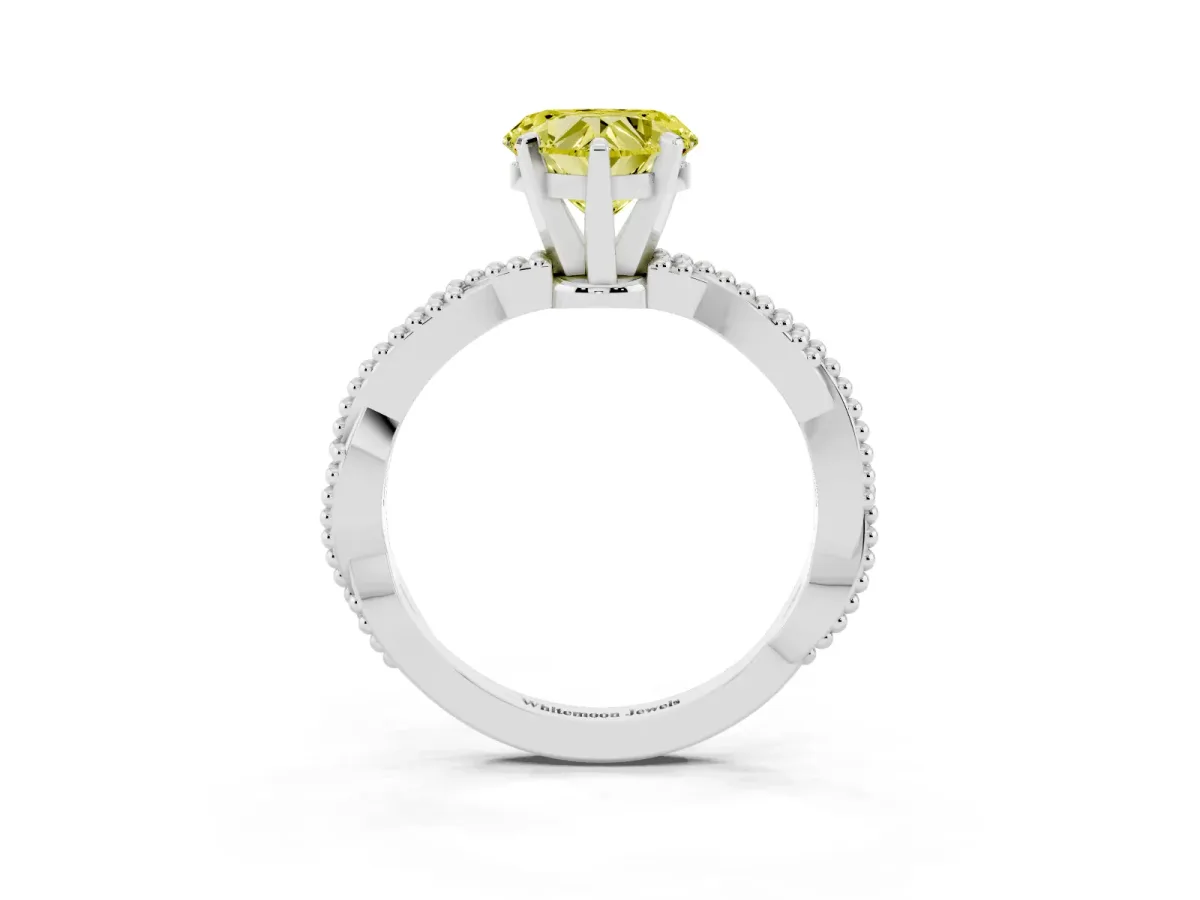 Fancy Yellow Heart Cut Solitaire Twisted Band with Bead Prong Setting Silver