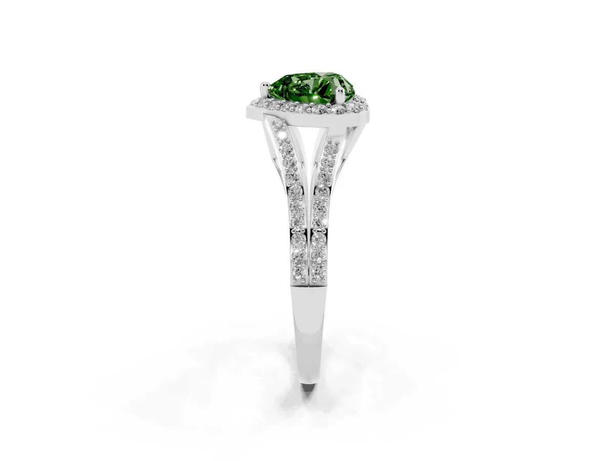 Fancy Green Heart Cut Halo Split Shank Diamond Ring with Prong Setting White gold