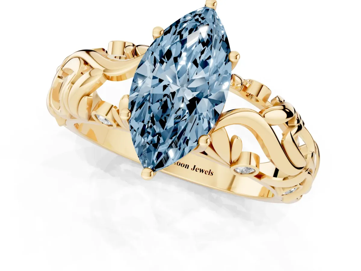 Fancy Blue Marquise Cut Solitaire Diamond Leaf-Inspired Vine Band Ring with Prong Setting Yellow gold