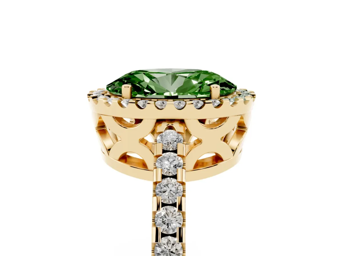 Fancy Green Oval Cut Diamond Halo Engagement Ring with Pavé Band and Prong Setting Yellow gold