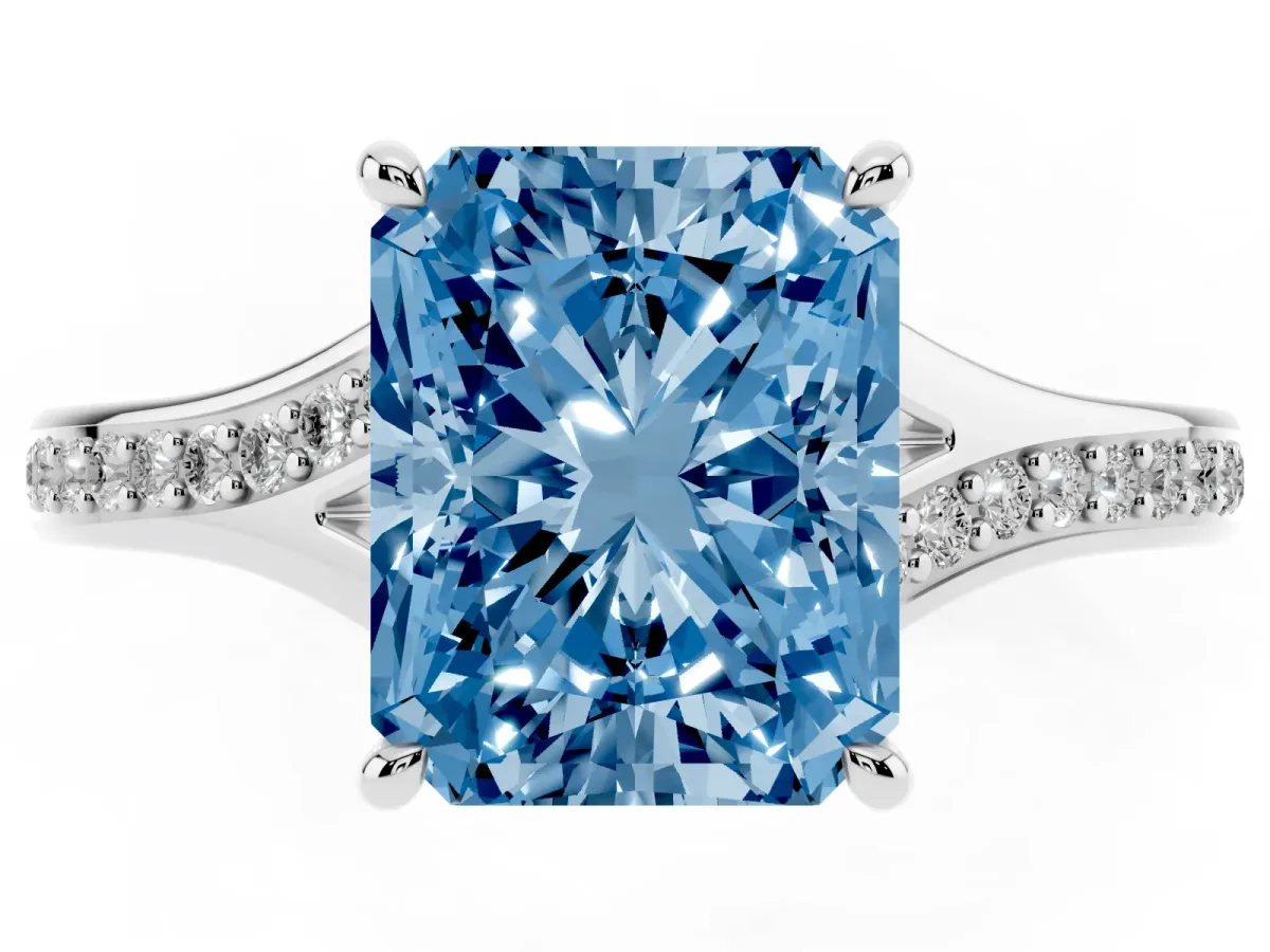Fancy Blue Radiant Cut Diamond Solitaire Ring with Pavé Band and Prong Setting Silver