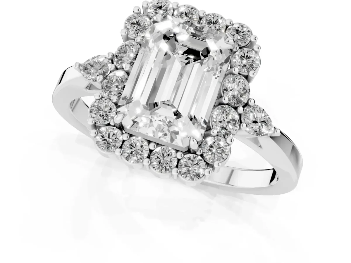 Emerald Cut Diamond Halo Ring with Pear Side Stones and Prong Setting Platinum