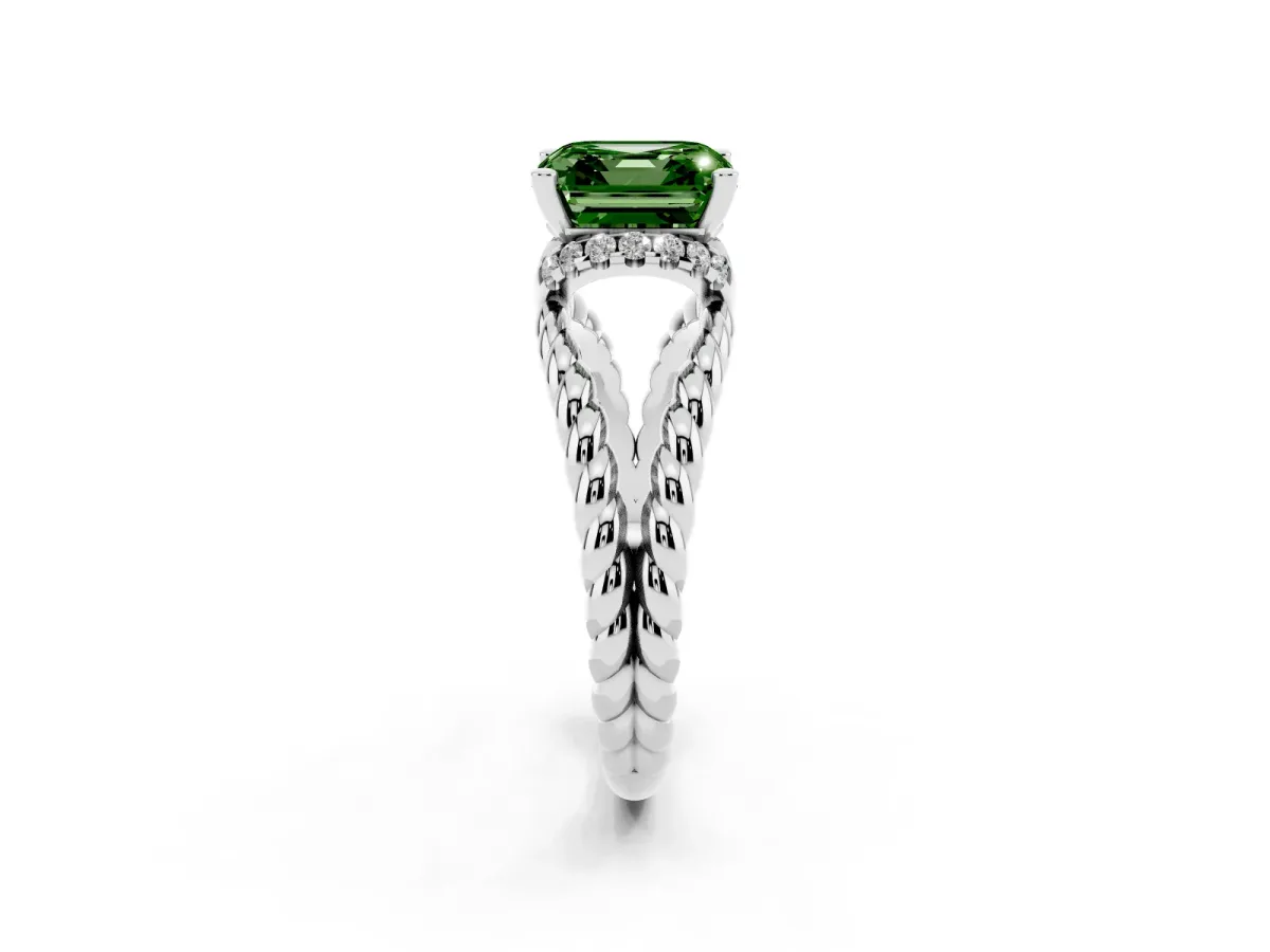 Fancy Green Asscher Cut Halo Twisted Band Four-Prong Ring Silver