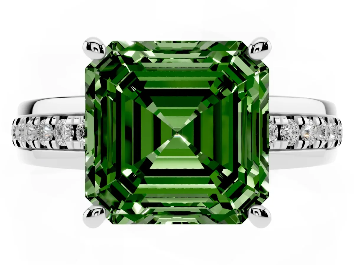 Fancy Green Asscher Cut Solitaire Diamond Ring with Channel Set Band and Six-Prong Setting Platinum