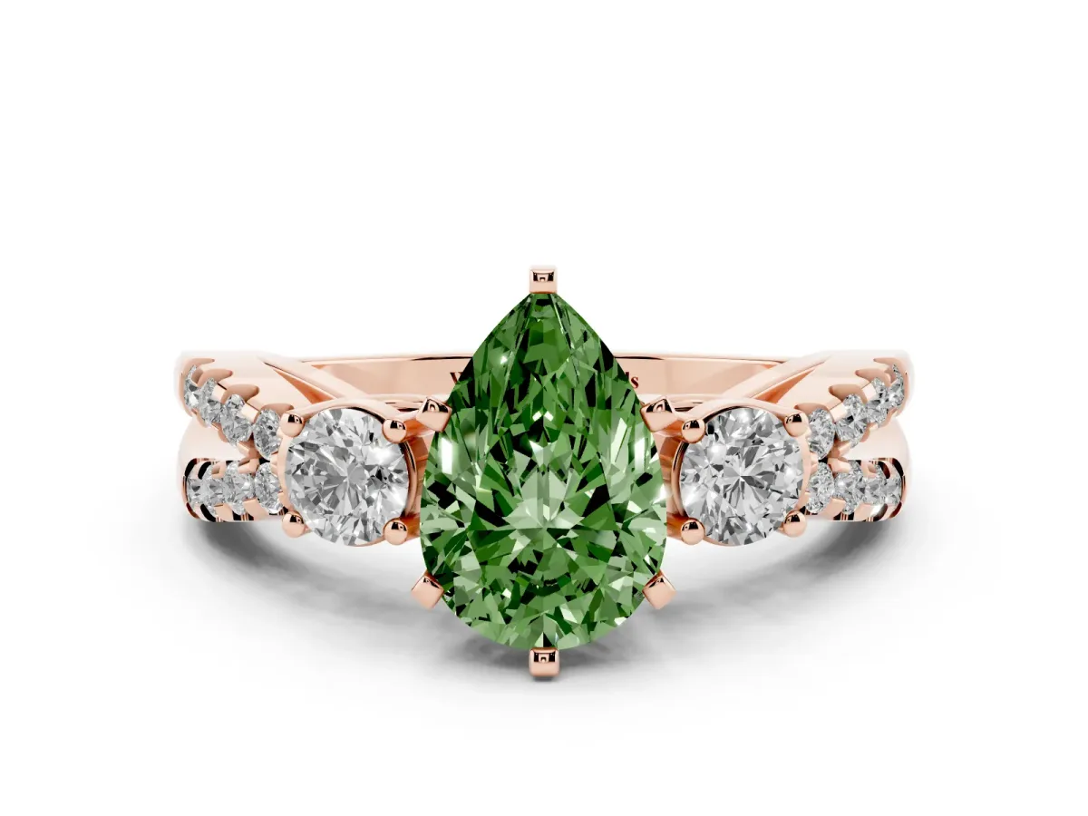 Fancy Green Pear Cut Diamond Three-Stone Ring with Pavé Split Shank and Four-Prong Setting Rose gold