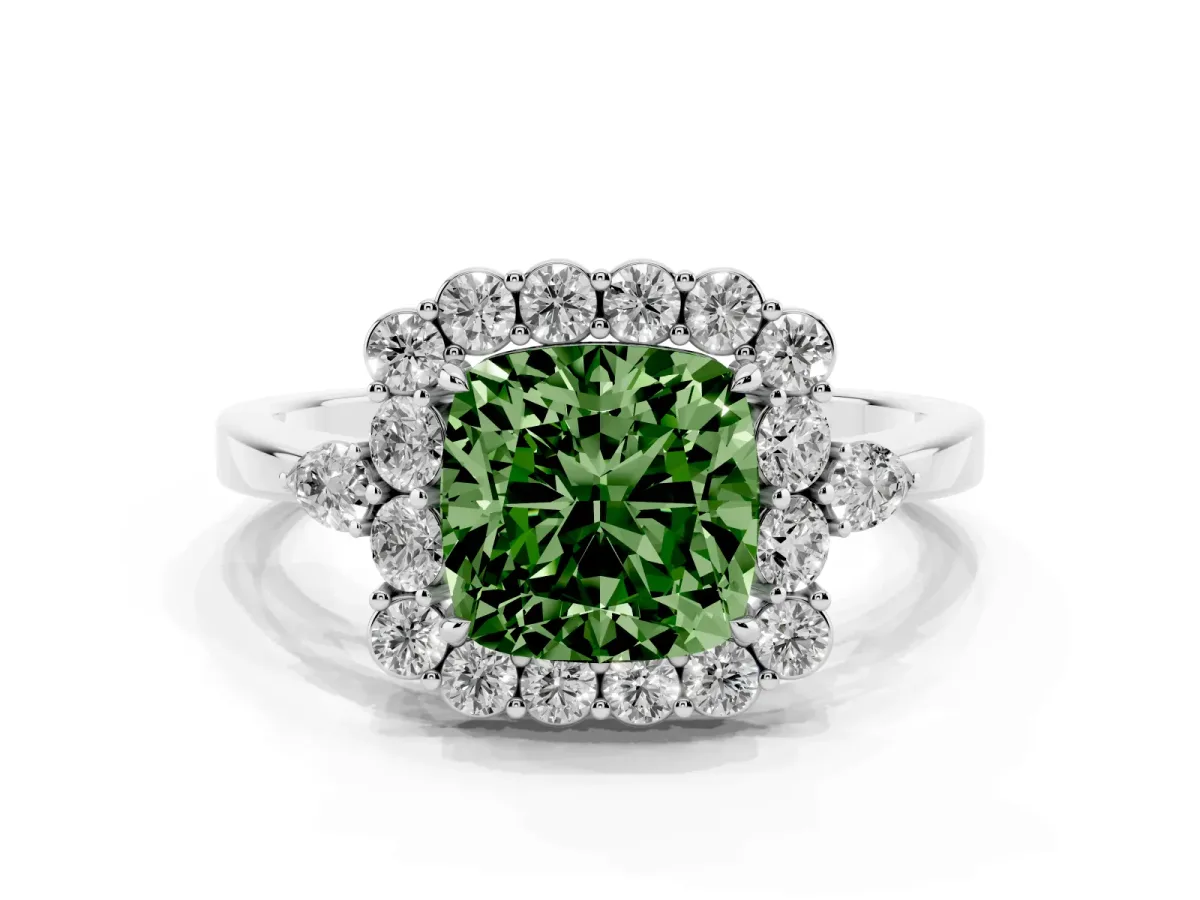 Fancy Green Cushion Cut Diamond Halo Ring with Pear Side Stones and Prong Setting Silver