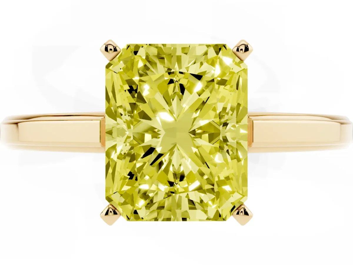 Fancy Yellow Radiant Cut Solitaire Diamond Ring with Four-Prong Setting and Classic Band Yellow gold