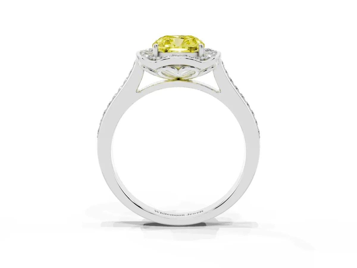 Fancy Yellow Cushion Cut Halo Round Diamond Pave Band with Four-Prong Setting Silver