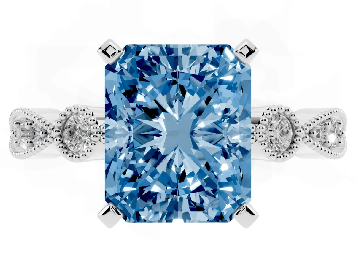 Fancy Blue Radiant Cut Milgrain Bezel Diamond Engagement Ring with Solitaire Prong Setting Silver