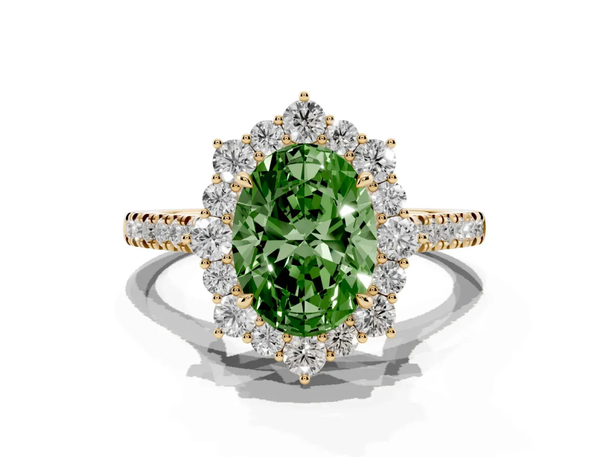 Fancy Green Oval Cut Halo Diamond Ring with Pavé Band and Prong Setting Yellow gold