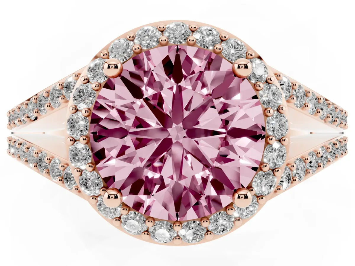 Fancy Pink Round Cut Halo Split Shank Diamond Ring with Prong Setting Rose gold