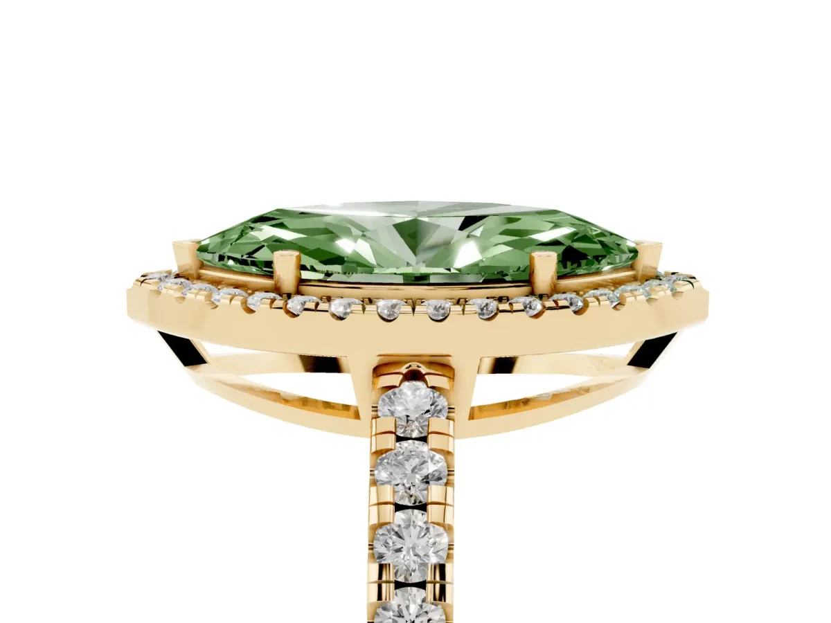 Fancy Green Marquise Cut Diamond Halo Ring with Pavé Band and Four-Prong Setting Yellow gold