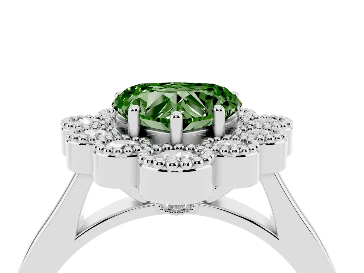 Fancy Green Heart Cut Halo Diamond Cluster Engagement Ring with Milgrain Bezel Setting and Solitaire Band White gold