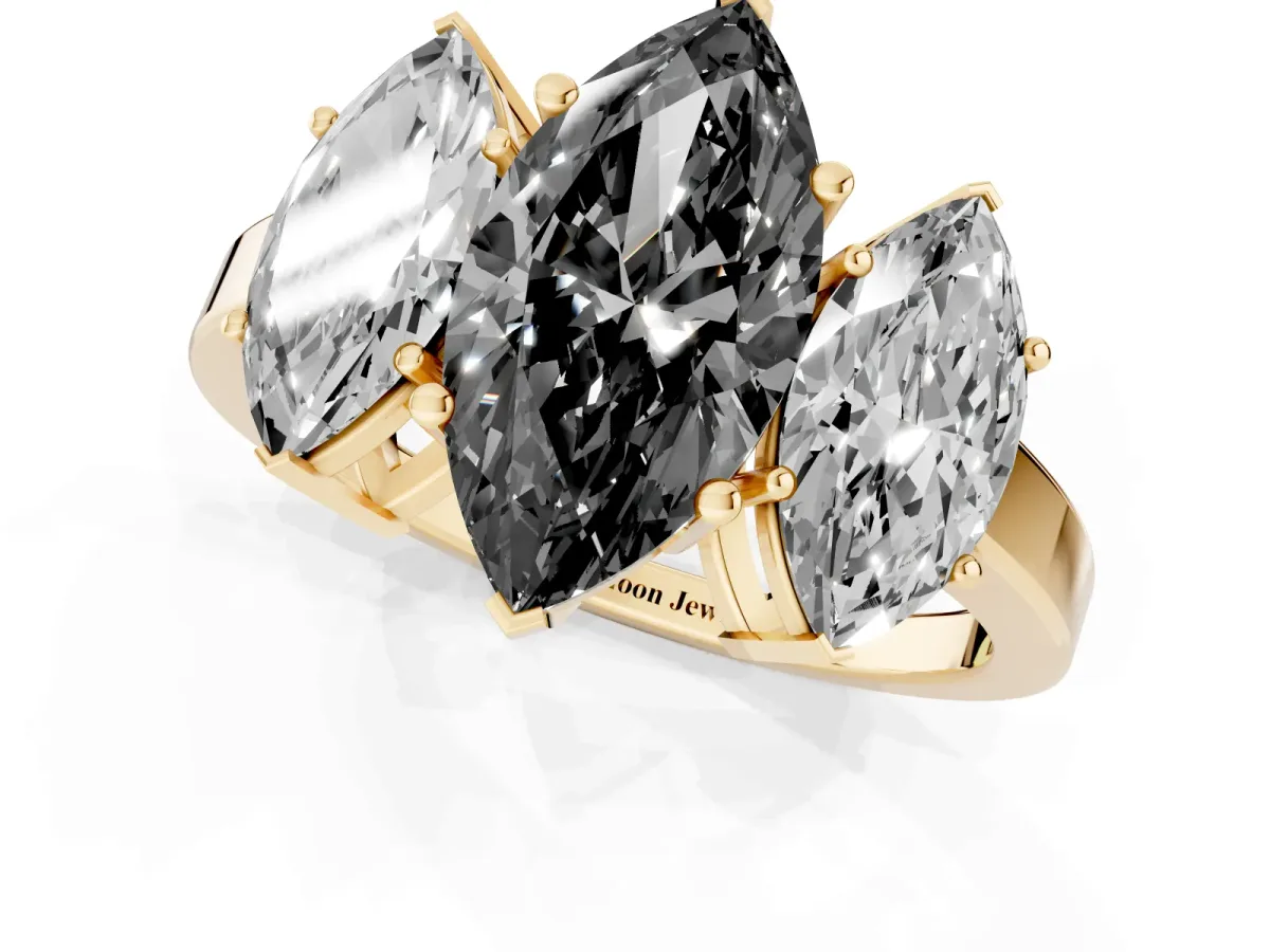 Fancy Black Three-Stone Marquise Cut Cut Diamond Engagement Ring with Flat Band and Four-Prong Setting Yellow gold