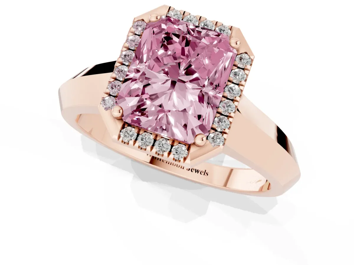 Fancy Pink Radiant Cut Halo Diamond Ring with Cathedral Band and Four-Prong Setting Rose gold