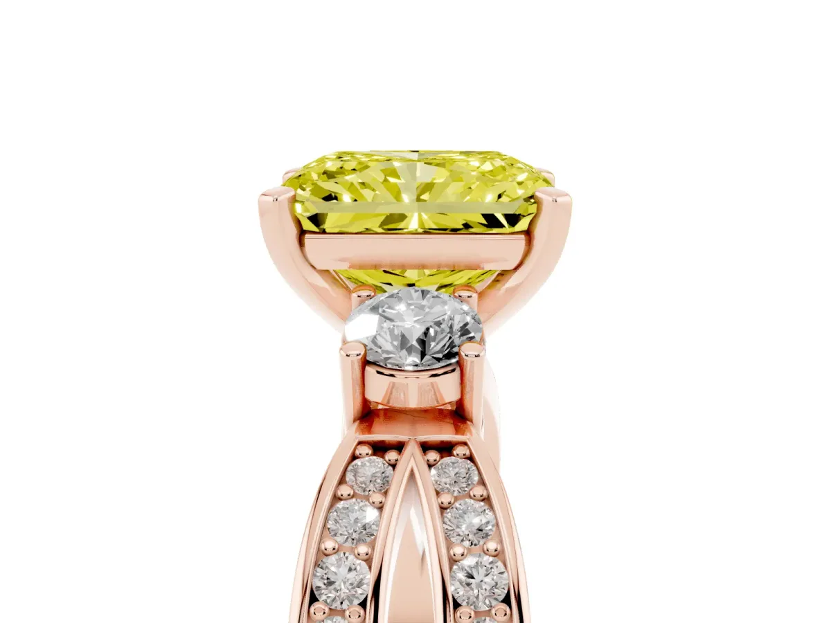 Fancy Yellow Three-Stone Radiant Cut Cut Diamond Twist Band with Prong Setting Rose gold