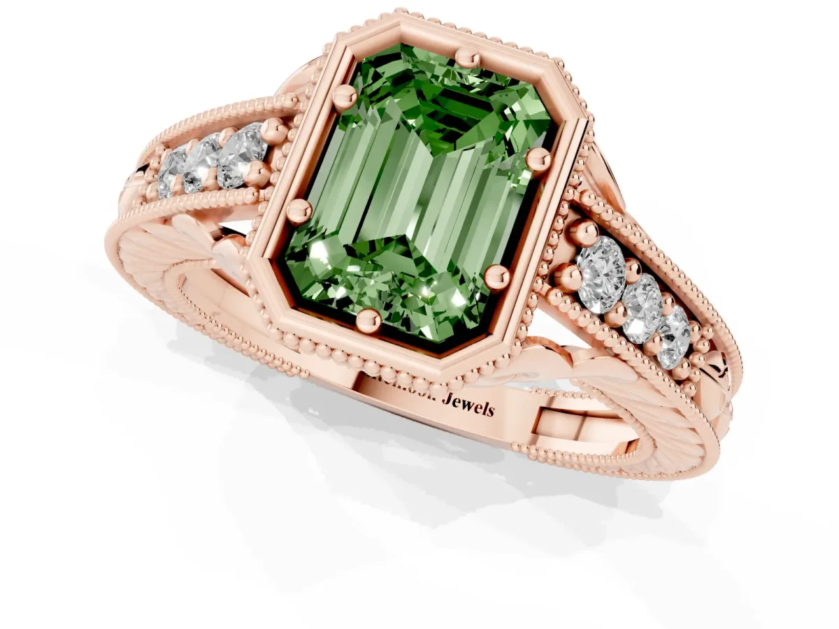 Fancy Green Bezel Set Emerald Cut Diamond Milgrain Pave Engagement Ring Rose gold