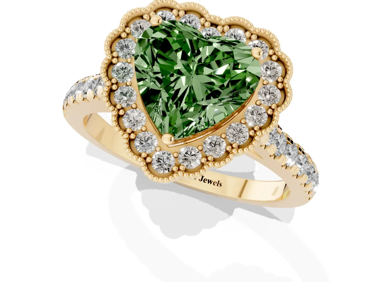 Fancy Green Heart Cut Cut Diamond Milgrain Floral Halo Engagement Ring with Pavé Band Yellow gold