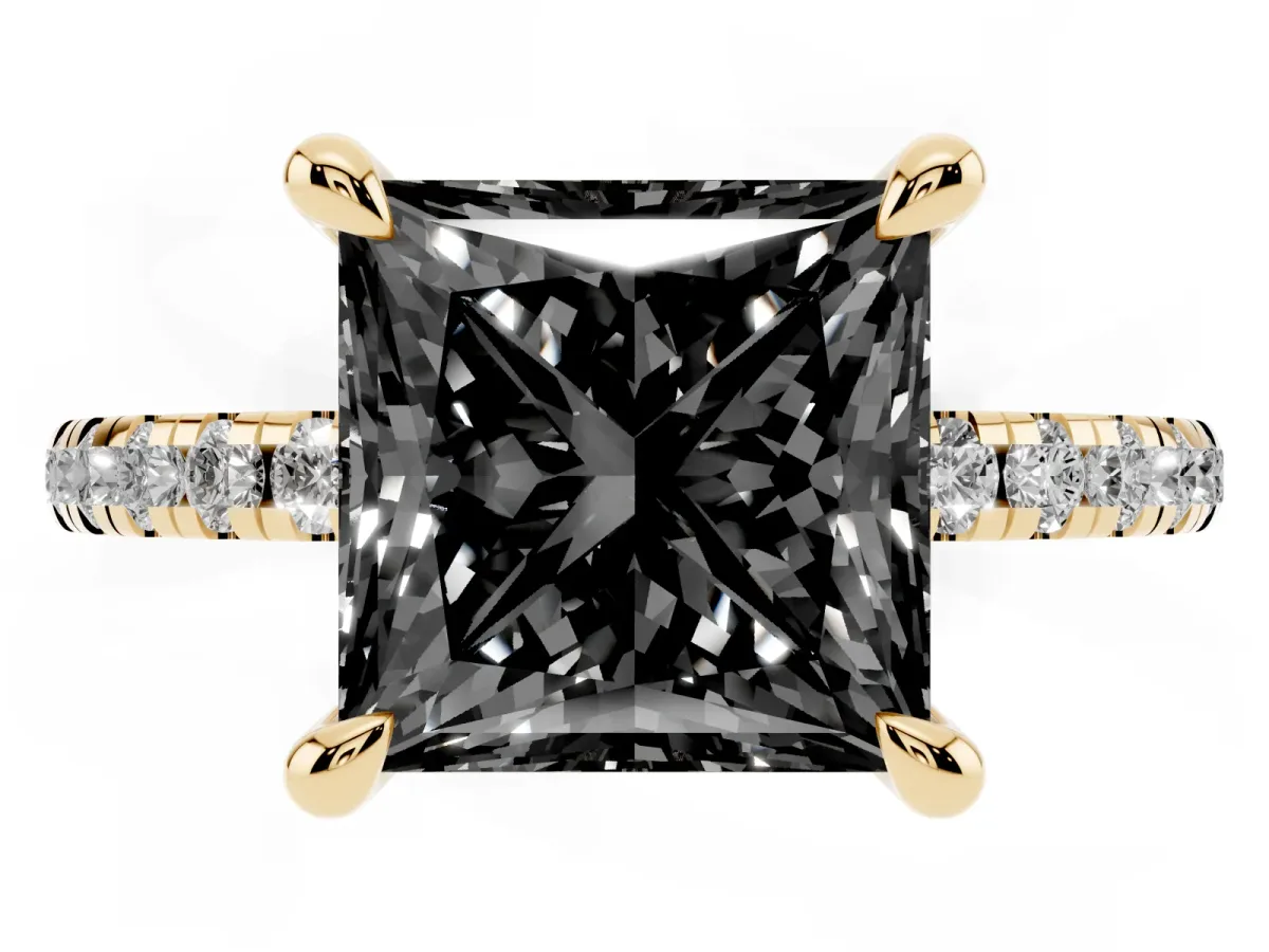 Fancy Black Princess Cut Diamond Brilliant Solitaire Ring with Pavé Band and Four-Prong Setting Yellow gold