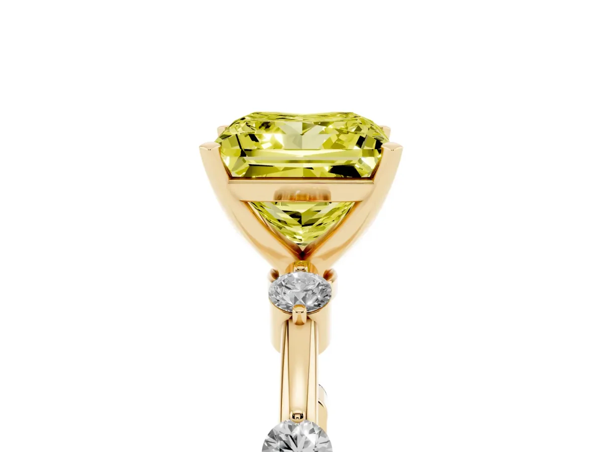 Fancy Yellow Princess Cut Solitaire Diamond Ring with Bezel Set Side Stones and Prong Setting Yellow gold